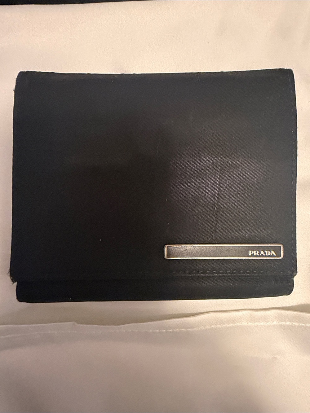 Prada Black Men's Nylon Trifold Wallet with Metal Logo Plaque - UGC